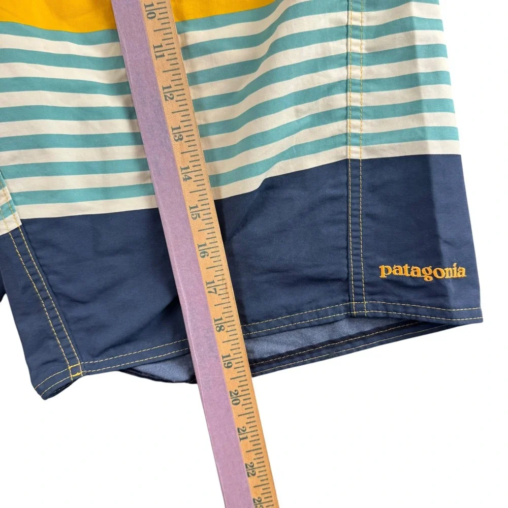 Patagonia Mens 31 Board Shorts Multi Color Striped Nylon Swim Trunks Navy Yellow